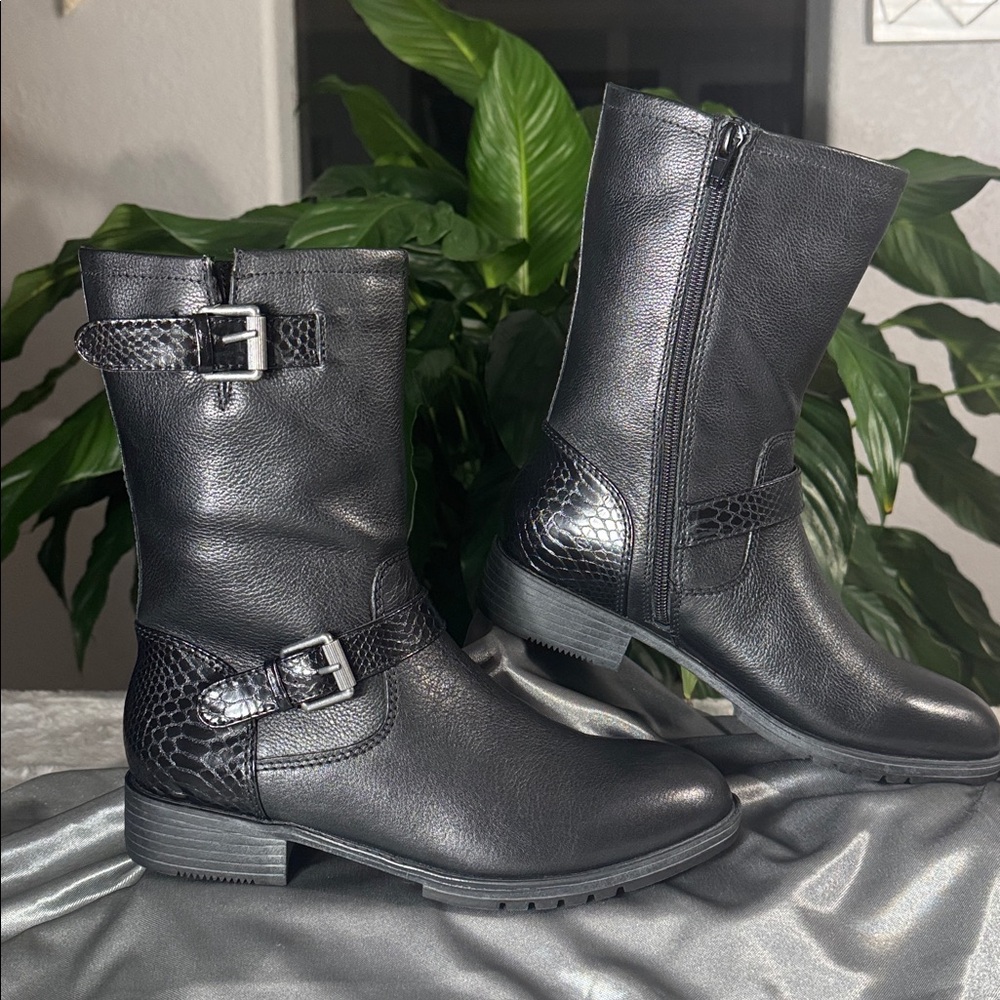 Naturalizer Black Leather Mid-Calf Side Zip Moto Boots - Women's Size 7M